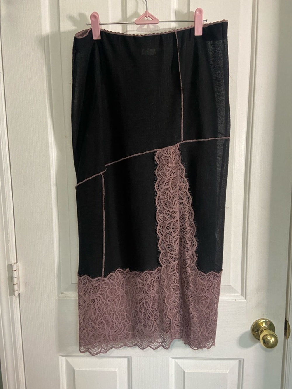 Free People Black Midi Skirt with Mauve Lace Trim